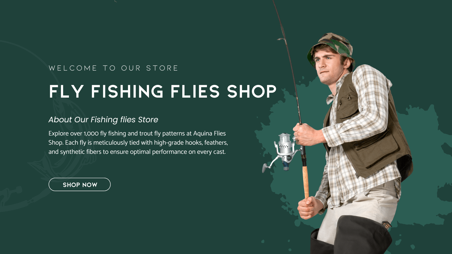 Aquina Fly Fishing Flies Online Shop Angler fishing with Aquinaflies premium fly fishing flies, showcasing the quality and performance of the discount fishing flies while enjoying a day on the water, with Aquinaflies online shop logo in the background