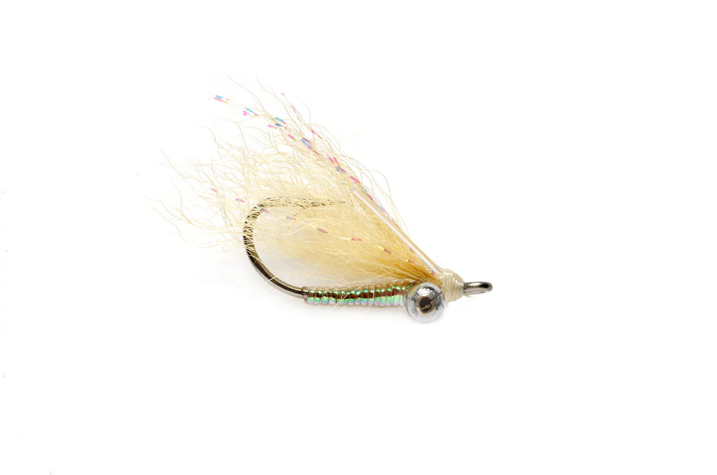 Meat Whistle bass fishing fly – a versatile, deep-water fly with an inverted hook design and lead eyes, perfect for targeting striped bass near the bottom.
