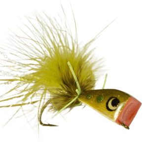 Close-up image of a BlockHead Popper fly, with a large, cylindrical foam head designed to create a popping sound on the water's surface. The fly features vibrant colors, often with a bright contrast like yellow, red, or black, and is tied with synthetic and natural materials to imitate a baitfish or insect