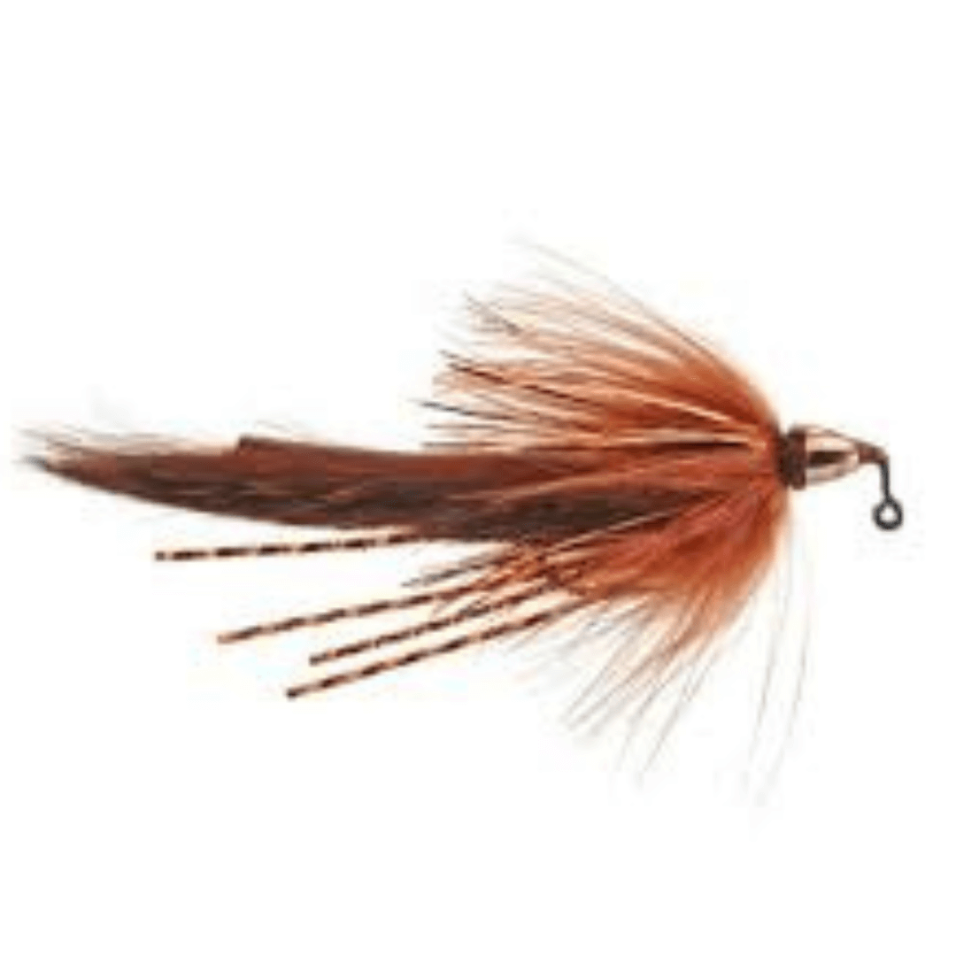 Meat Whistle bass fishing fly – a versatile, deep-water fly with an inverted hook design and lead eyes, perfect for targeting striped bass near the bottom.