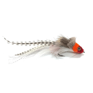 Close-up image of a vibrant bass fly fishing fly, featuring a combination of colorful feathers and synthetic materials tied onto a hook. The fly is designed to mimic a baitfish, with bold hues of yellow, black, and white, showcasing the intricate details and texture of the fly’s construction.