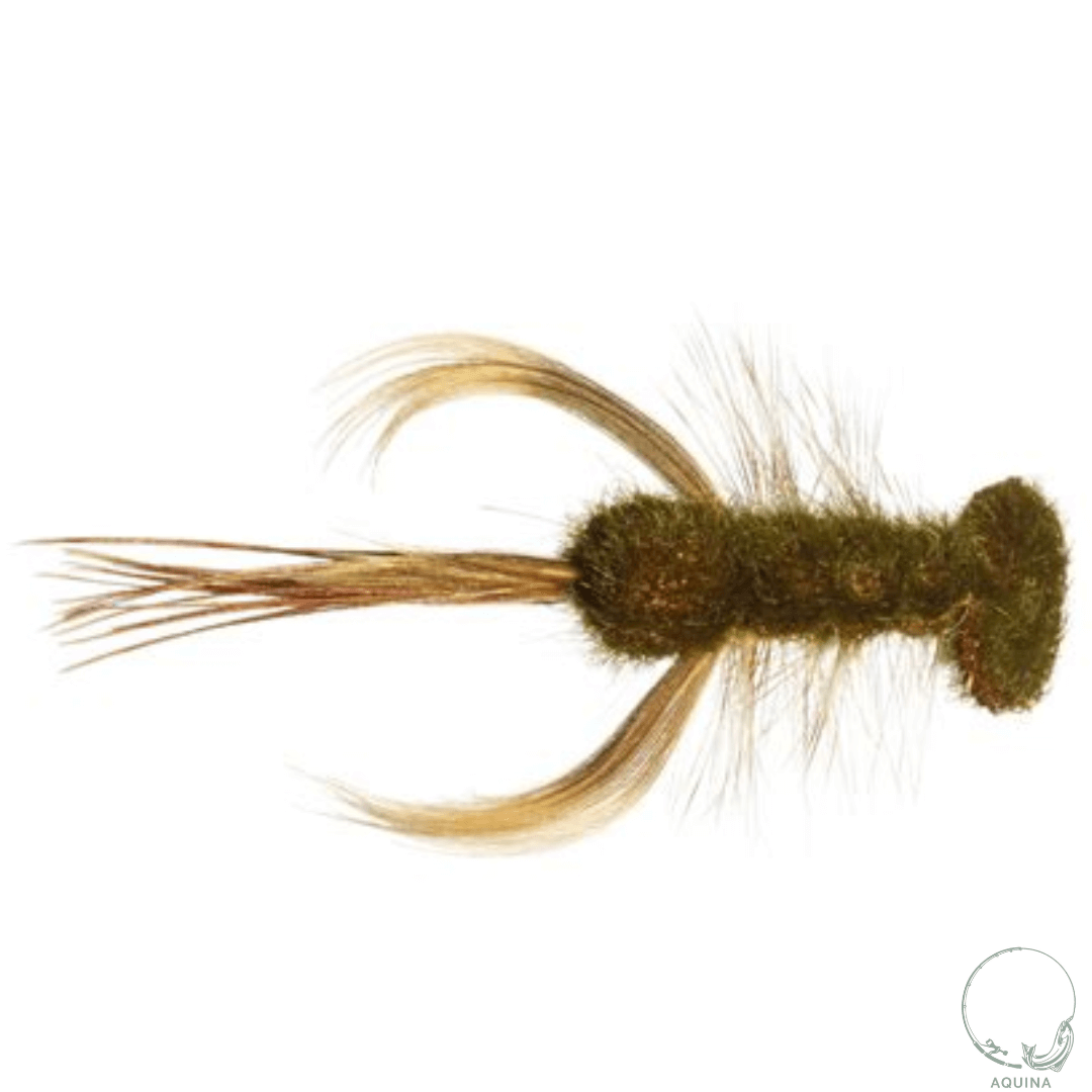 Three Galloup's Sex Dungeon fly patterns in black, olive, and greyish-brown, expertly crafted for fly fishing.